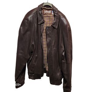 Schott NYC Brown Leather Bomber Jacket 48 USA Plaid Lined Vintage